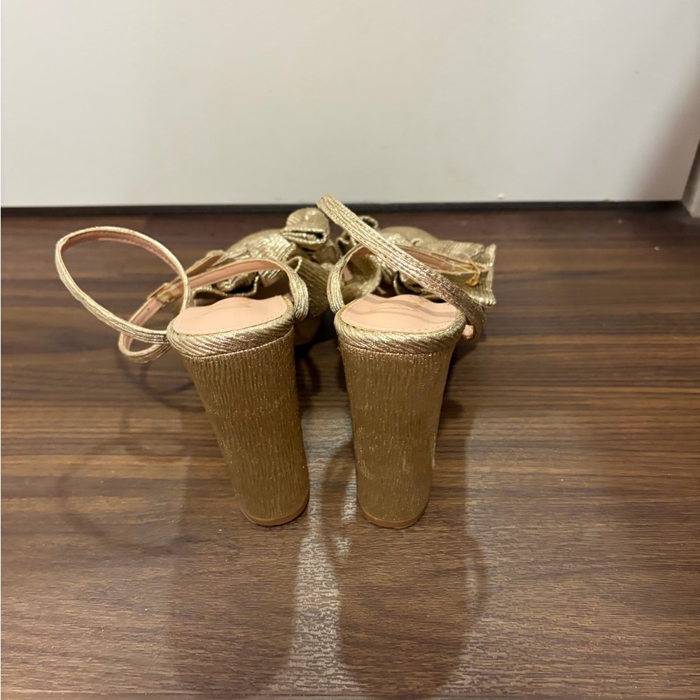 Lulus Lilsa Gold Metallic Bow Platform Ankle Strap Heels - Picture 4 of 6